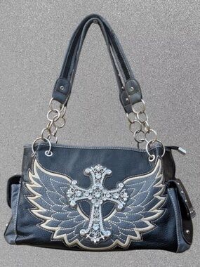 Black Winged Cross Shoulder Bag with Crystal Accent